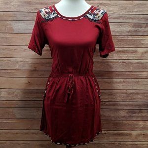 Earthbound Embroidered Red Blue Boho Mini Dress M